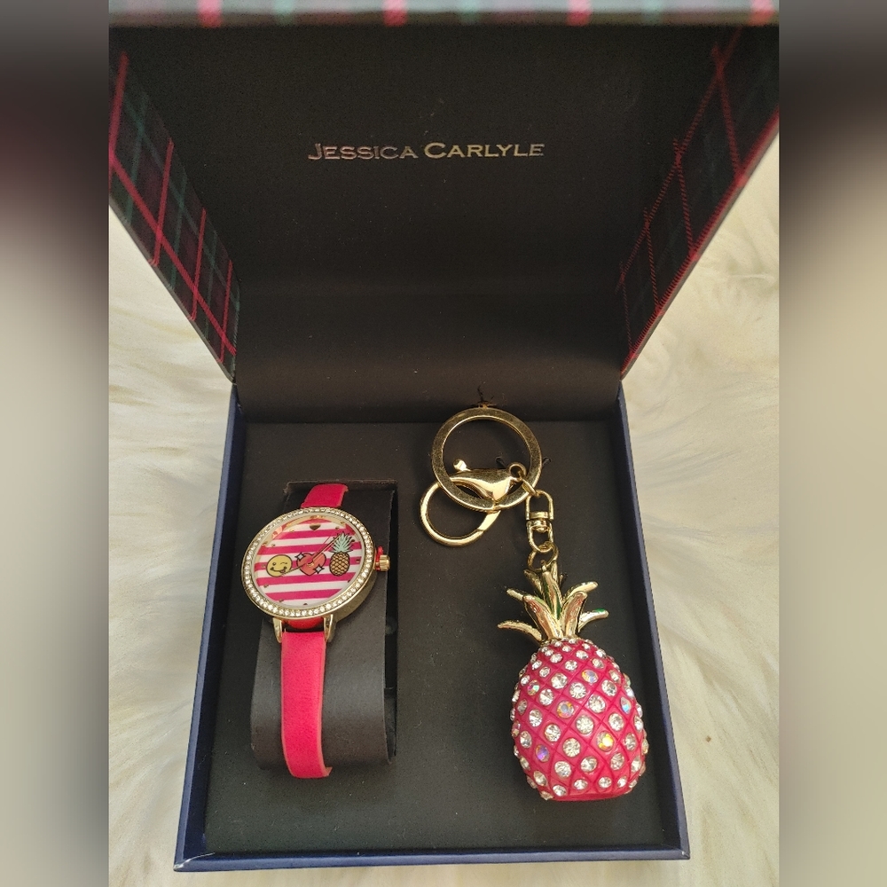 Pink pineapple emoji wrist watch keychain rhinestone